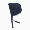 Ribbed knit beanie with side straps for baby girls, dark blue