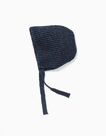 Ribbed knit beanie with side straps for baby girls, dark blue