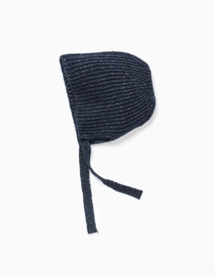 Ribbed knit beanie with side straps for baby girls, dark blue