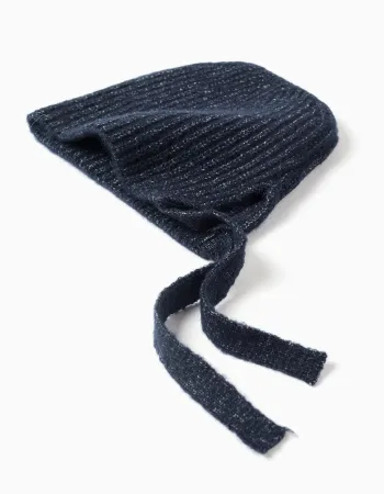 Ribbed knit beanie with side straps for baby girls, dark blue