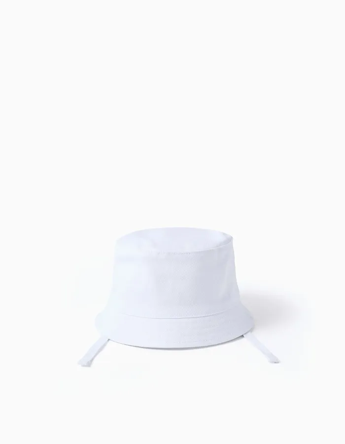 Twill bucket hat with side straps for babies and children, white