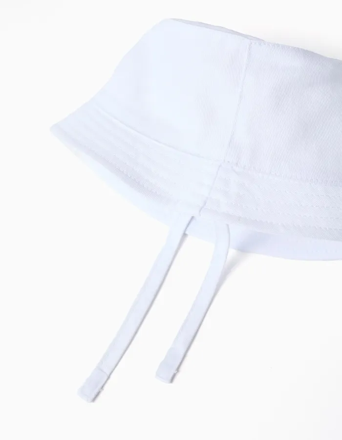 Twill bucket hat with side straps for babies and children, white