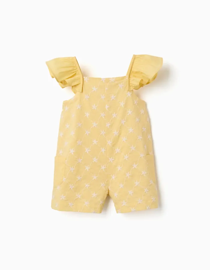 Cotton playsuit with embroidery and ruffles B&S for baby girls, yellow