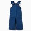 Wide leg denim dungarees with pockets for baby girls, blue