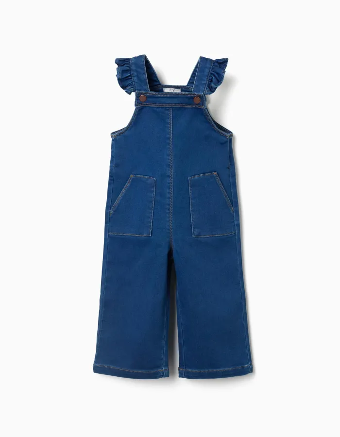 Wide leg denim dungarees with pockets for baby girls, blue