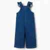 Wide leg denim dungarees with pockets for baby girls, blue