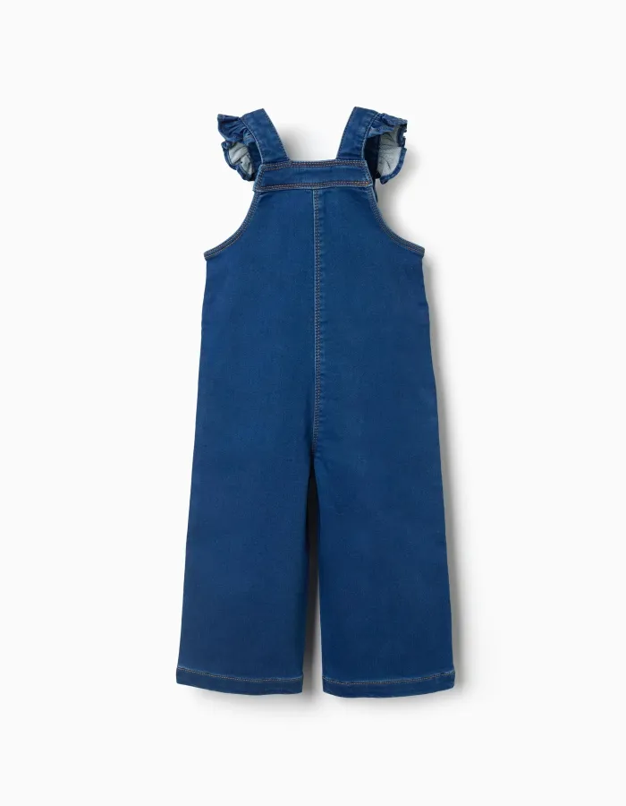 Wide leg denim dungarees with pockets for baby girls, blue