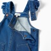 Wide leg denim dungarees with pockets for baby girls, blue