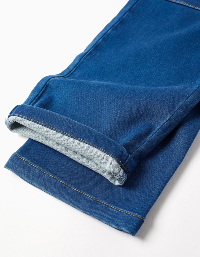 Wide leg denim dungarees with pockets for baby girls, blue