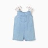 Denim playsuit with floral straps for baby girls, light blue