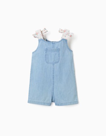 Denim playsuit with floral straps for baby girls, light blue