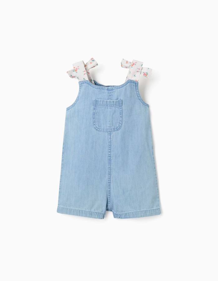 Denim playsuit with floral straps for baby girls, light blue