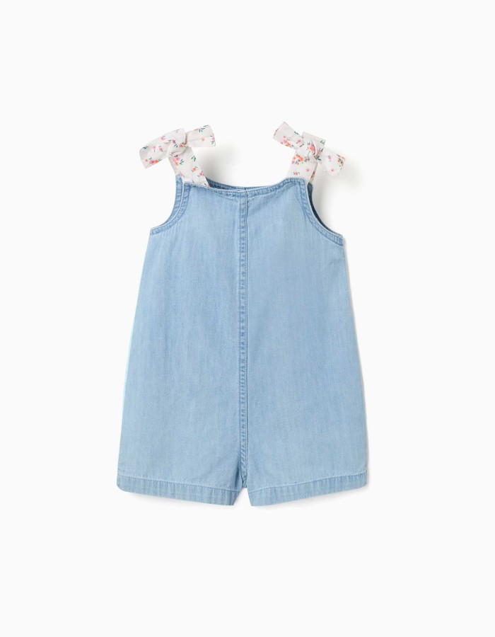 Denim playsuit with floral straps for baby girls, light blue