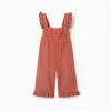 Wide leg dungarees with ruffles for baby girls, terracotta