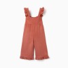 Wide leg dungarees with ruffles for baby girls, terracotta