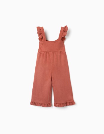 Wide leg dungarees with ruffles for baby girls, terracotta