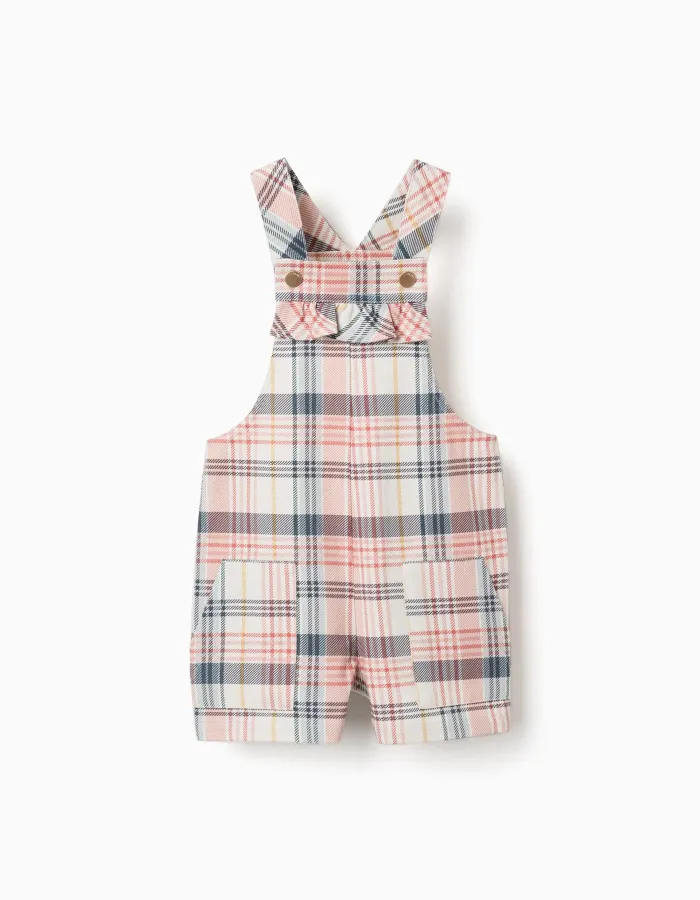 Twill short dungarees with checked pattern for baby girls, multicolour