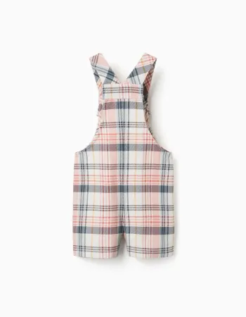 Twill short dungarees with checked pattern for baby girls, multicolour