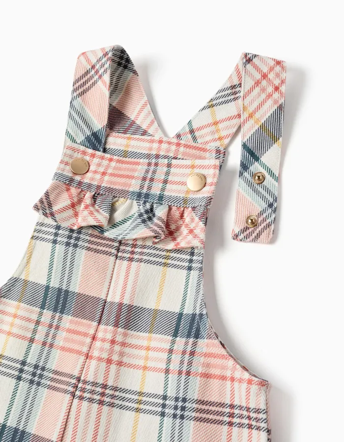 Twill short dungarees with checked pattern for baby girls, multicolour