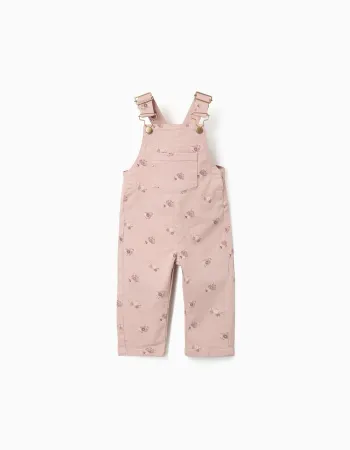 Twill dungarees with floral motif for baby girls, light pink
