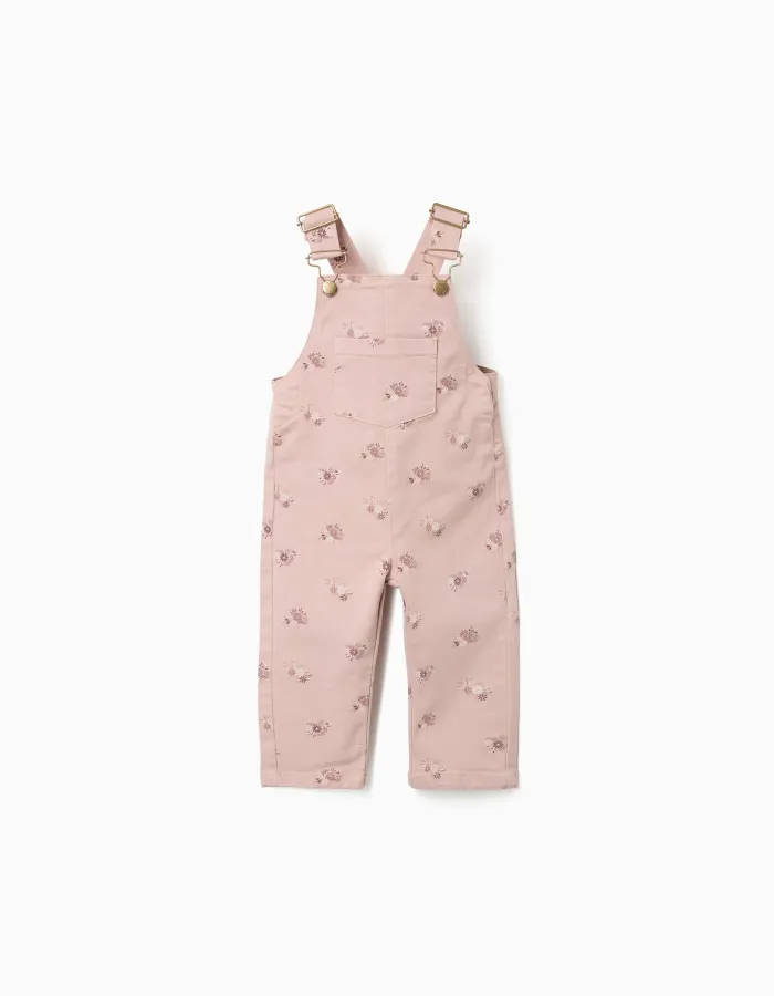 Twill dungarees with floral motif for baby girls, light pink