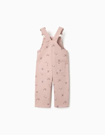 Twill dungarees with floral motif for baby girls, light pink