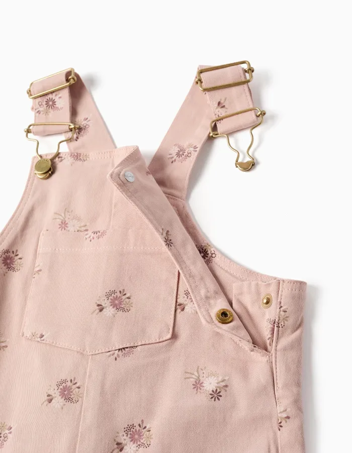 Twill dungarees with floral motif for baby girls, light pink