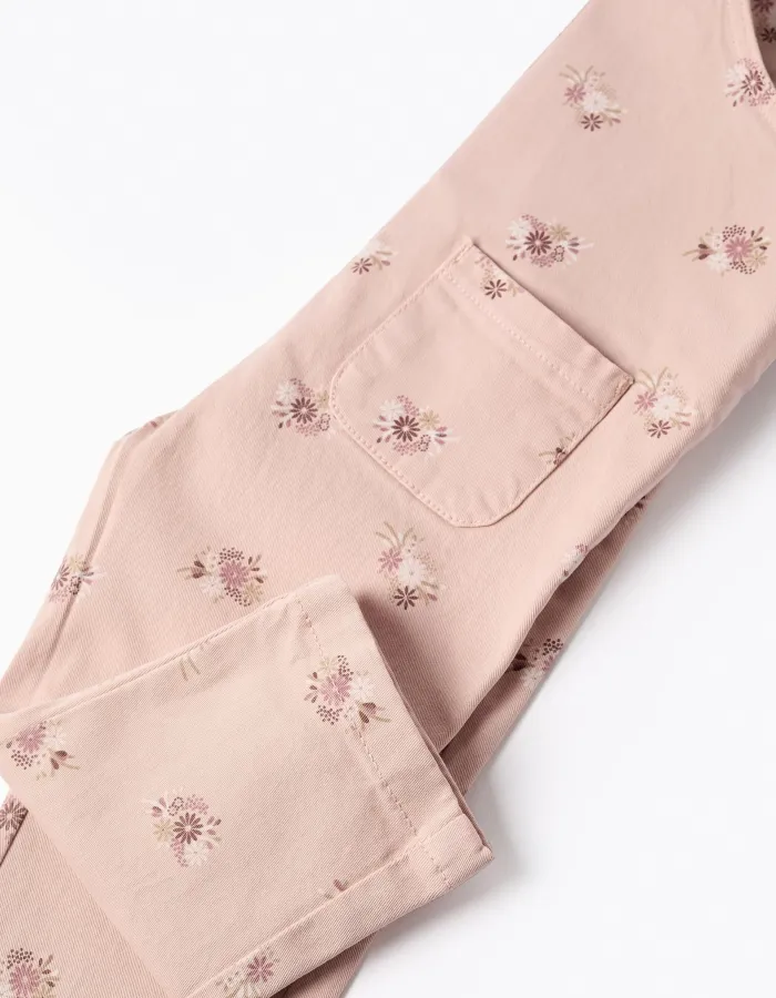 Twill dungarees with floral motif for baby girls, light pink