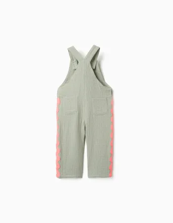 Cotton dungarees with ric rac tape for newborn and baby girls, green/coral