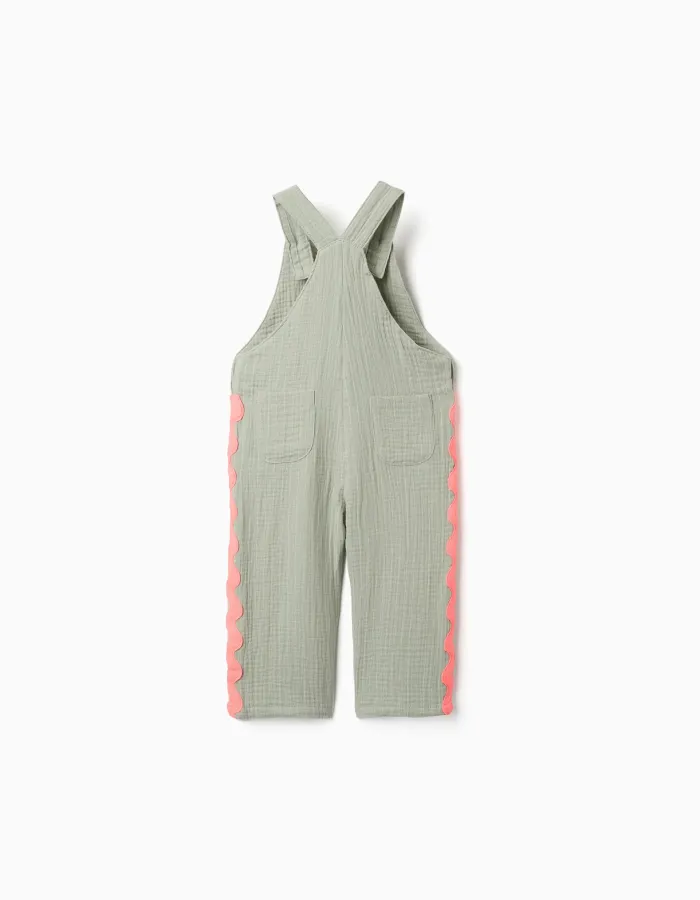 Cotton dungarees with ric rac tape for newborn and baby girls, green/coral