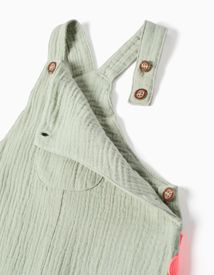 Cotton dungarees with ric rac tape for newborn and baby girls, green/coral