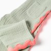 Cotton dungarees with ric rac tape for newborn and baby girls, green/coral