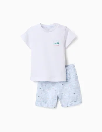 Short sleeve cotton pyjamas with alligator prints for baby boys, white