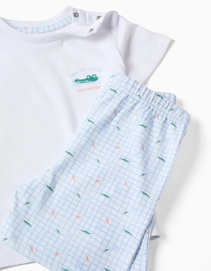 Short sleeve cotton pyjamas with alligator prints for baby boys, white