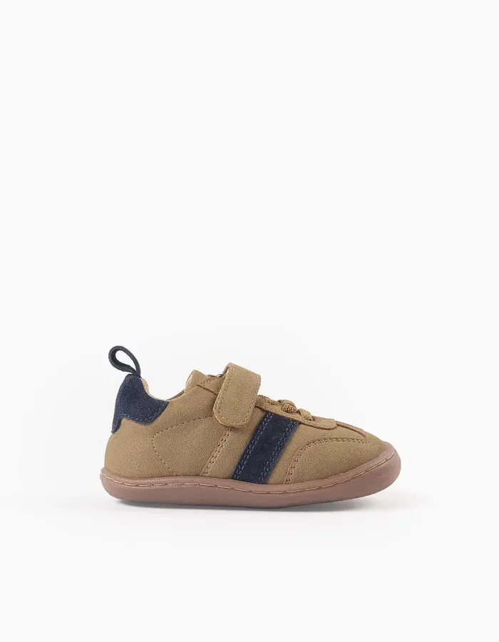 Barefoot Leather Trainers for Baby Boys, Camel/Blue