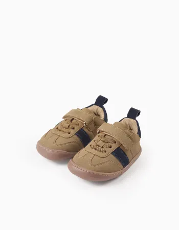 Barefoot Leather Trainers for Baby Boys, Camel/Blue