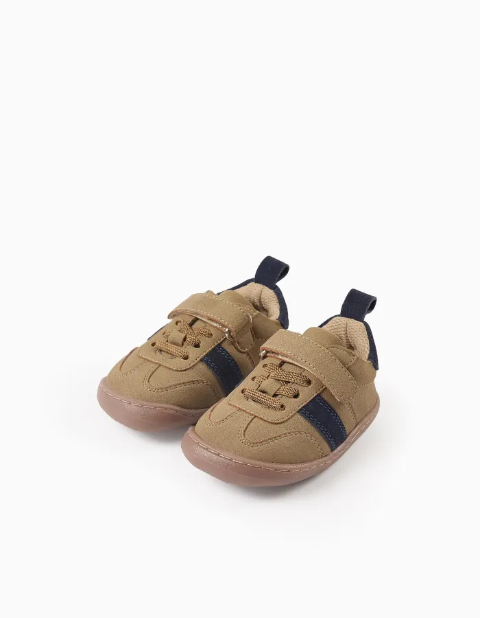 Barefoot Leather Trainers for Baby Boys, Camel/Blue