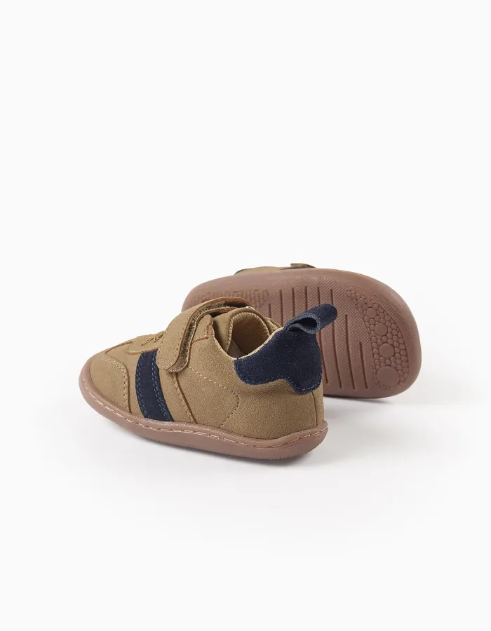 Barefoot Leather Trainers for Baby Boys, Camel/Blue