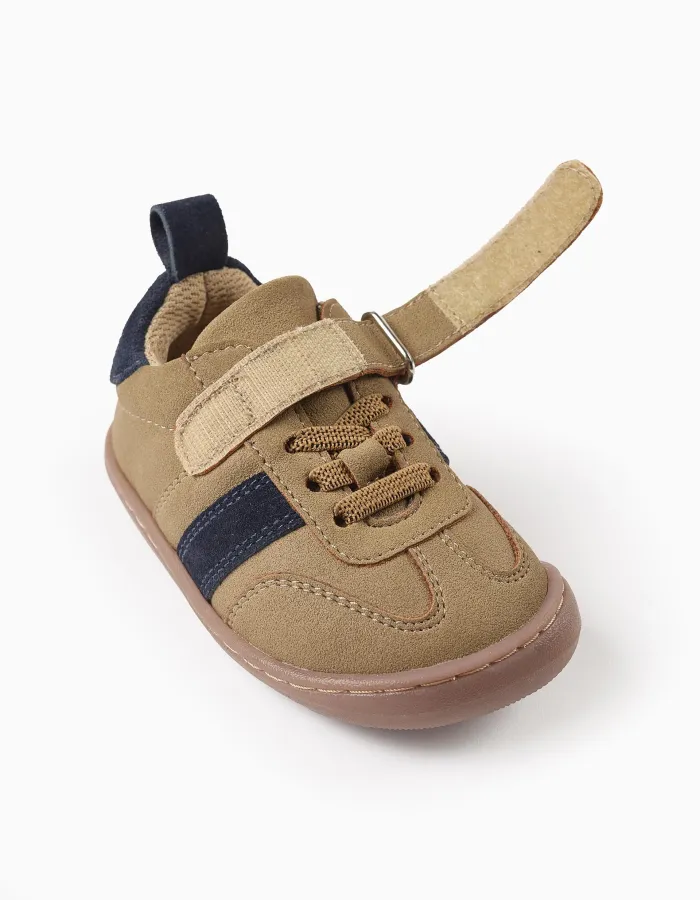 Barefoot Leather Trainers for Baby Boys, Camel/Blue