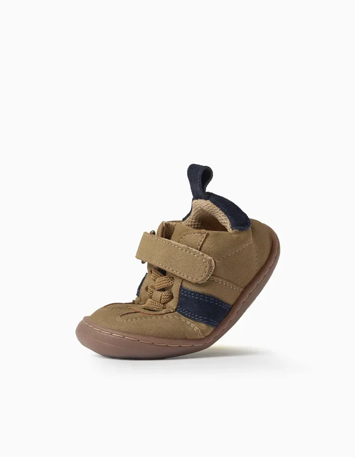 Barefoot Leather Trainers for Baby Boys, Camel/Blue