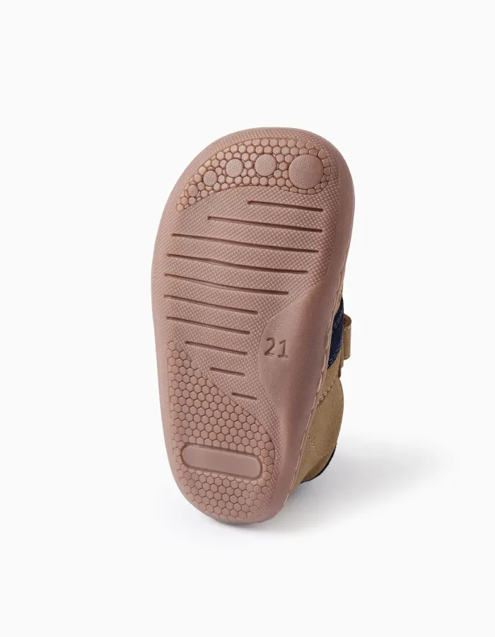 Barefoot Leather Trainers for Baby Boys, Camel/Blue