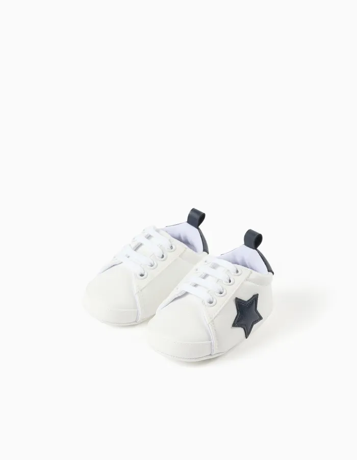 Trainers with laces and embroidered star for newborn boys, white/blue