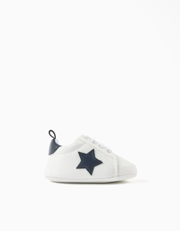 Trainers with laces and embroidered star for newborn boys, white/blue