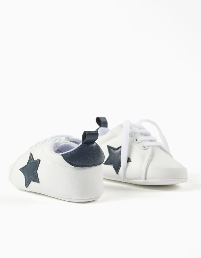 Trainers with laces and embroidered star for newborn boys, white/blue