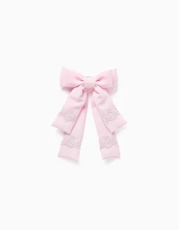 Hair Clip with Bow and Embroidery for Babies and Girls, Pink