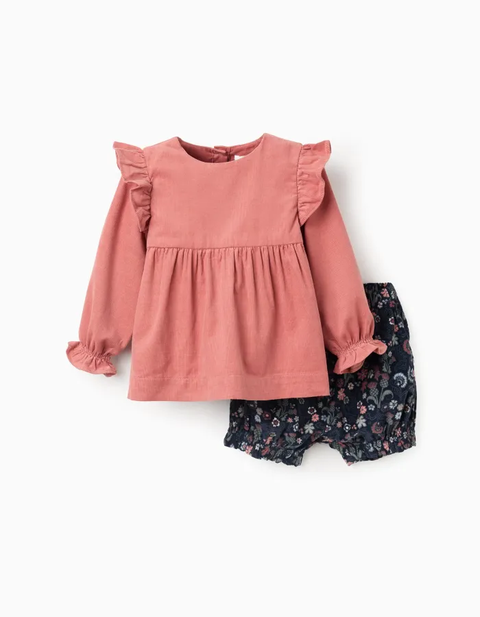 Ruffled Blouse + Floral Shorts for Baby Girls 'B&S', Coral/Blue