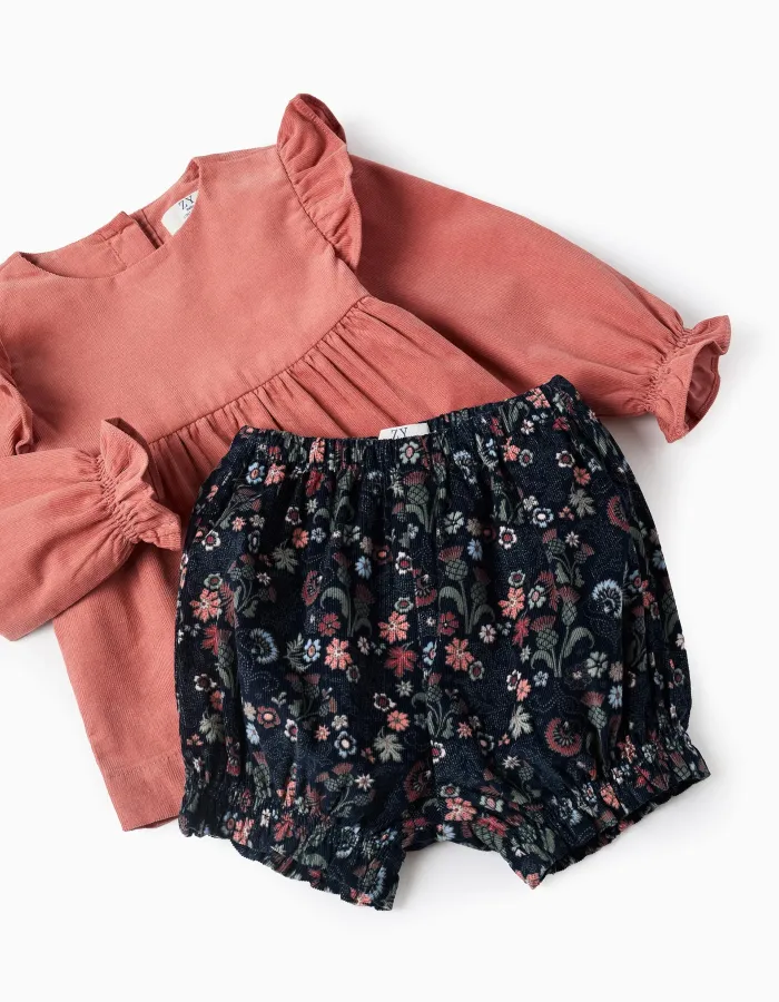 Ruffled Blouse + Floral Shorts for Baby Girls 'B&S', Coral/Blue
