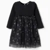 Dual-fabric dress with glittering pumpkin motif for baby girls, black