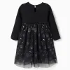 Dual-fabric dress with glittering pumpkin motif for baby girls, black