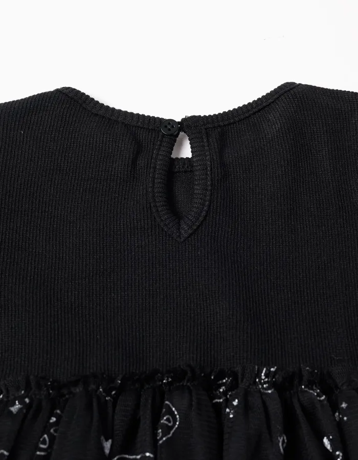 Dual-fabric dress with glittering pumpkin motif for baby girls, black